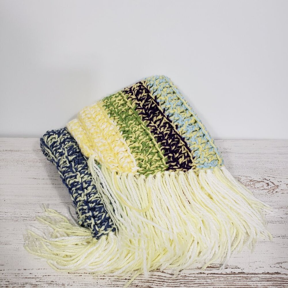 Handmade Multicolor Crocheted Blanket with Fringe  34" X 44" Great condition